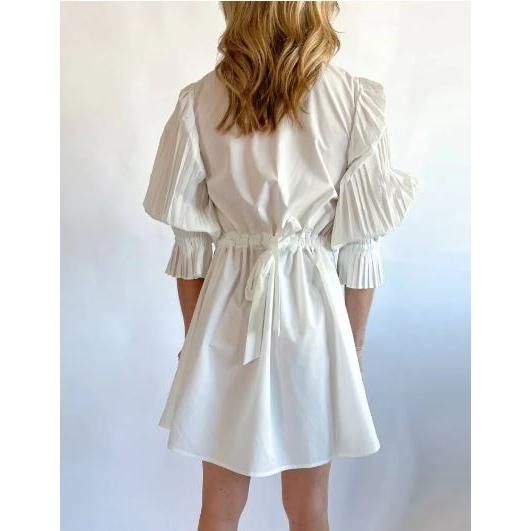 THML Poplin Pleated Sleeve Mini Dress, WHITE