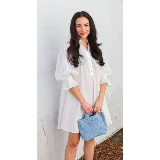 THML Poplin Pleated Sleeve Mini Dress, WHITE