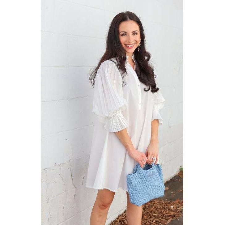 THML Poplin Pleated Sleeve Mini Dress, WHITE