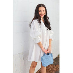 Light Gray THML Poplin Pleated Sleeve Mini Dress, WHITE