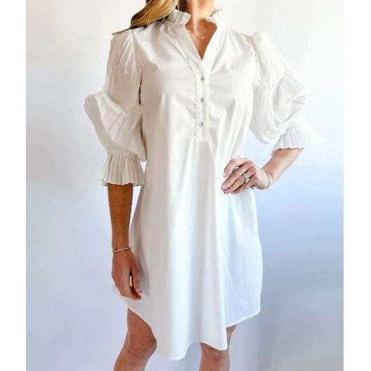 THML Poplin Pleated Sleeve Mini Dress, WHITE
