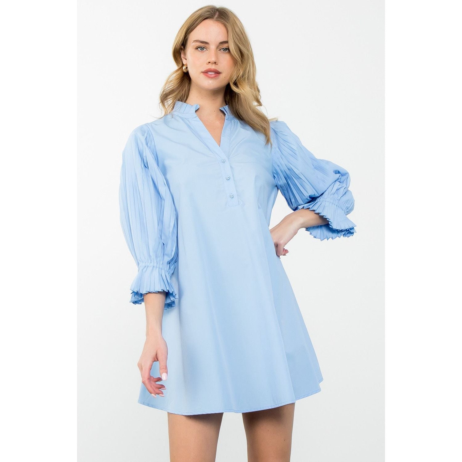 THML Poplin Pleated Sleeve Mini Dress, LIGHT BLUE