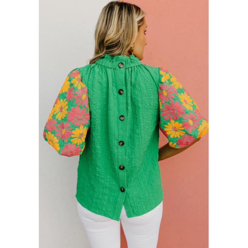 Textured Kelly Green Embroidered Blouse