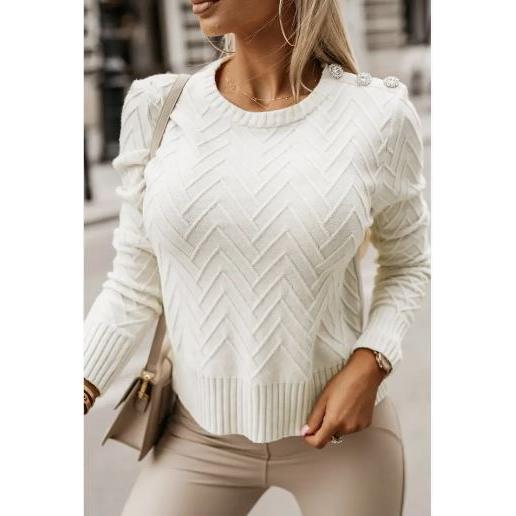 Ivory Cable Knit Sweater with Rhinestone Button Shoulder