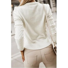 Gray Ivory Cable Knit Sweater with Rhinestone Button Shoulder