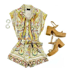 White Smoke Paisley Print Linen Romper