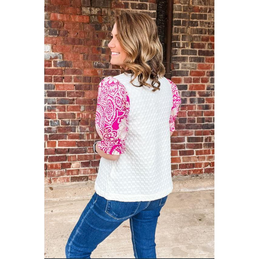 The Riley Textured Contrast Floral Print Sleeve Top