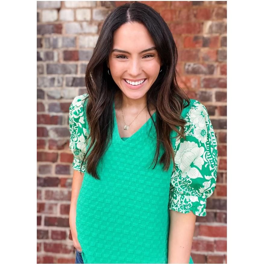 Kelly Green The Riley Textured Contrast Floral Print Sleeve Top
