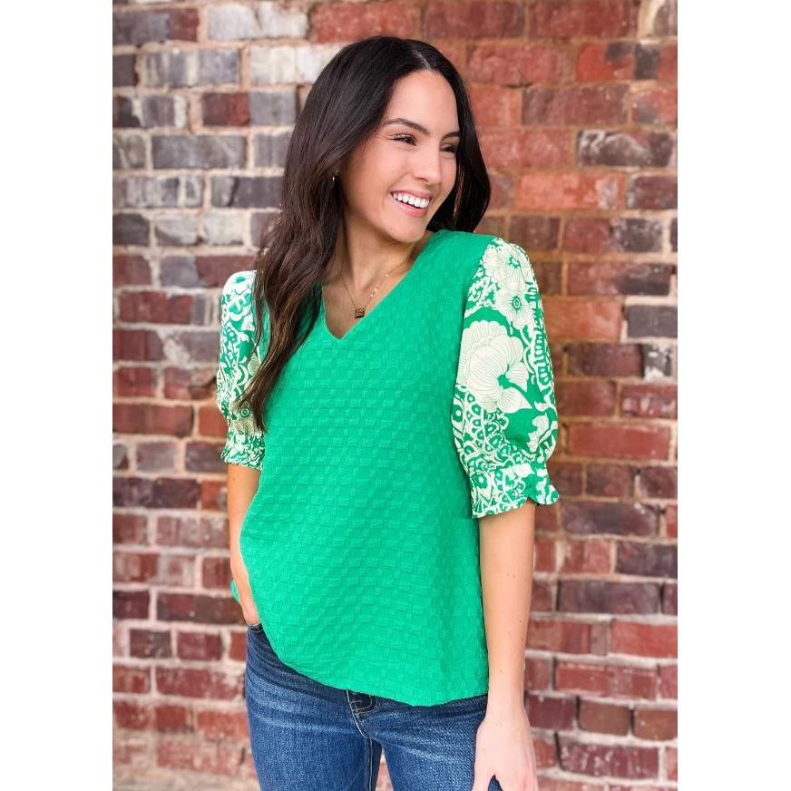 Kelly Green The Riley Textured Contrast Floral Print Sleeve Top