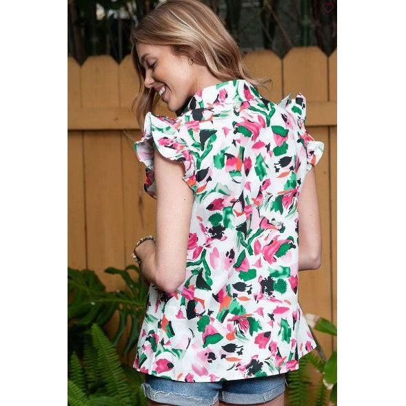 Whimsy Abstract Floral Ruffle Top