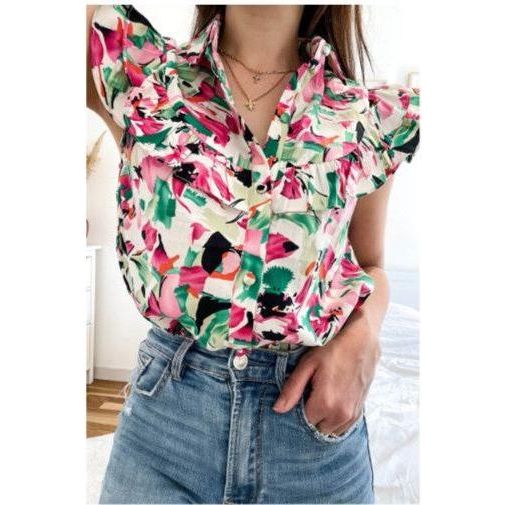 Whimsy Abstract Floral Ruffle Top