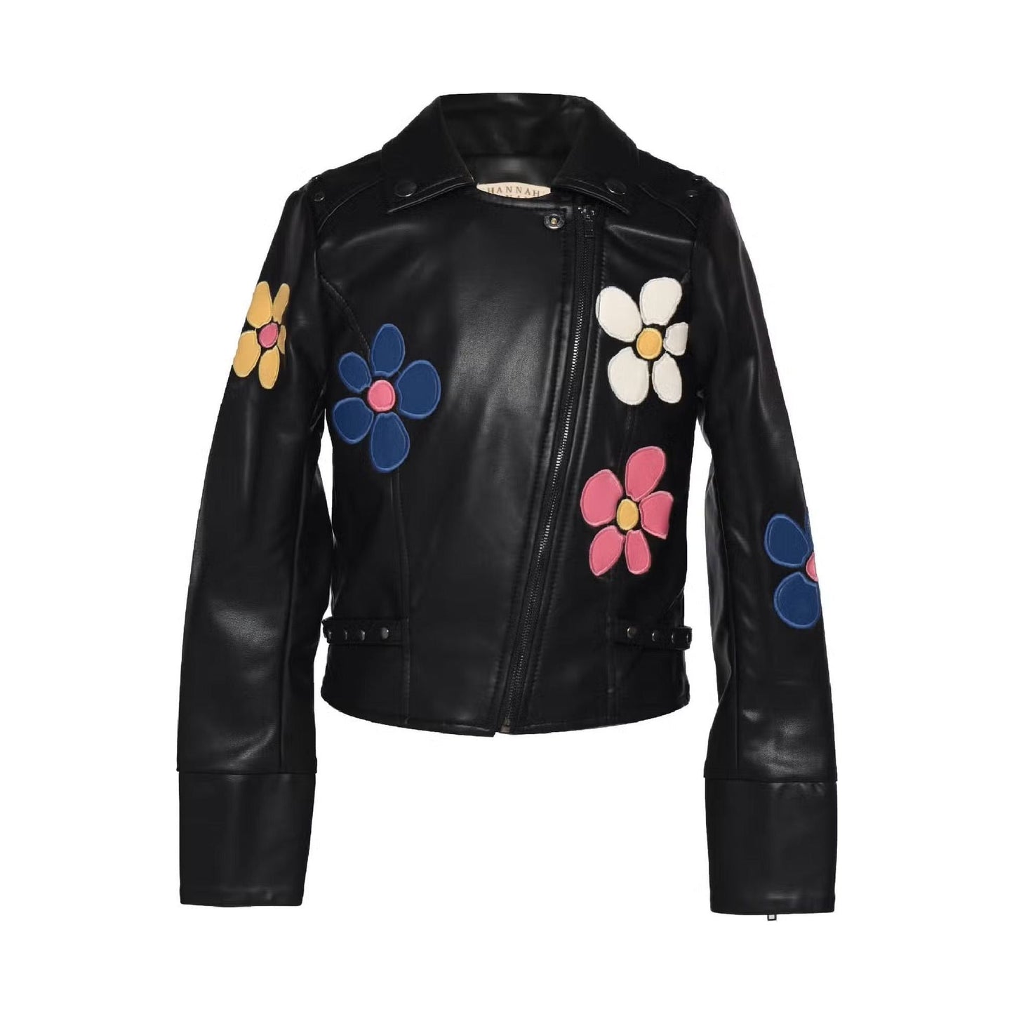 Hannah Banana Girl's Faux Leather Floral-Patched Jacket