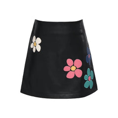 Dark Slate Gray Hannah Banana faux leather skirt with multicolor flowers