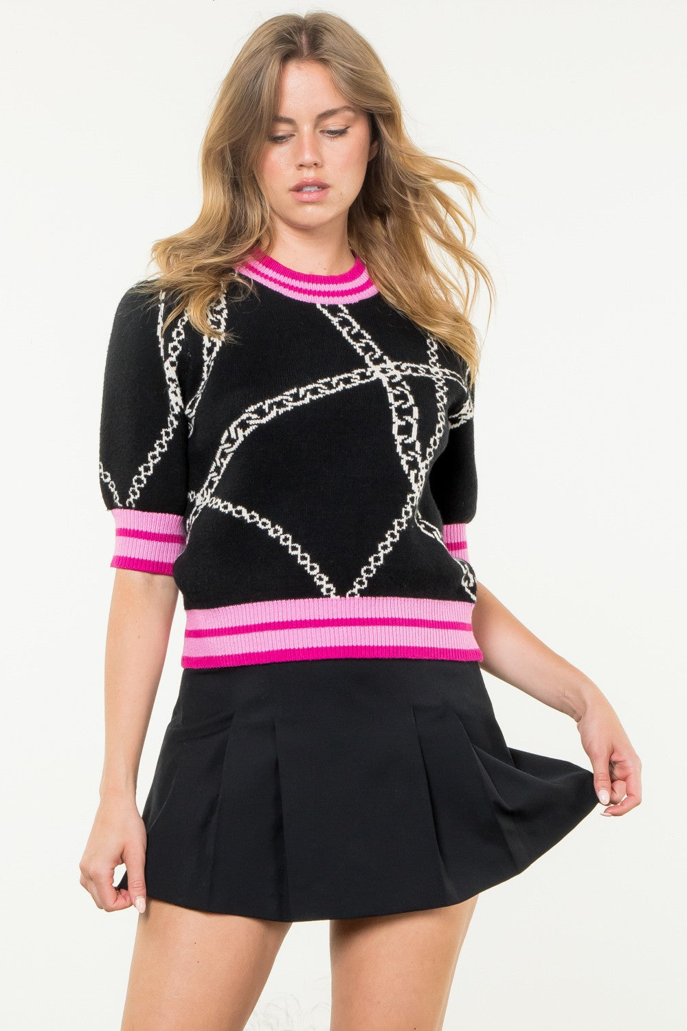 Black Chain Print Sweater Black & Pink