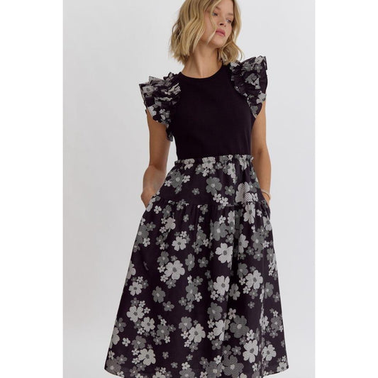 Black & Cream Ditzy Floral Midi Dress