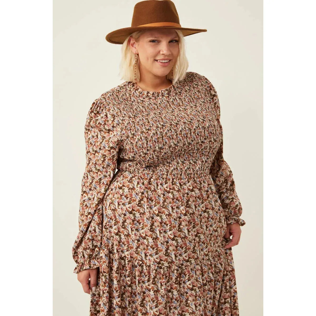 Plus Size Cinched Cuff Floral Print Smocked Dress