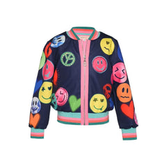 White Smoke Baby Sara Happy Face Print Bomber Jacket