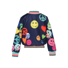 White Smoke Baby Sara Happy Face Print Bomber Jacket