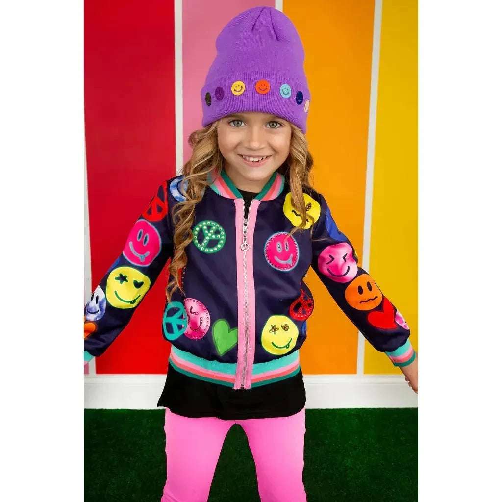 Black Baby Sara Happy Face Print Bomber Jacket
