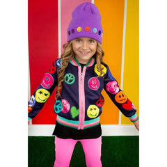 Black Baby Sara Happy Face Print Bomber Jacket
