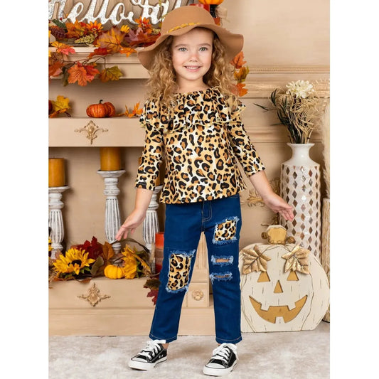 Mia Belle Girls Autumn Leopard Patched Jeans Set