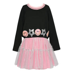 White Smoke SARA SARA Mesh Tutu Dress with Happy Face and Star Trims