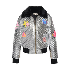 White Smoke Baby Sara Clothing Quilted Patch Jacket with Fur Collar