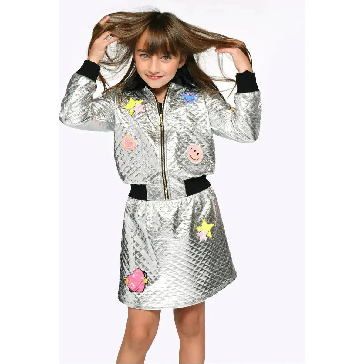 White Smoke Baby Sara Clothing Quilted Patch Jacket with Fur Collar