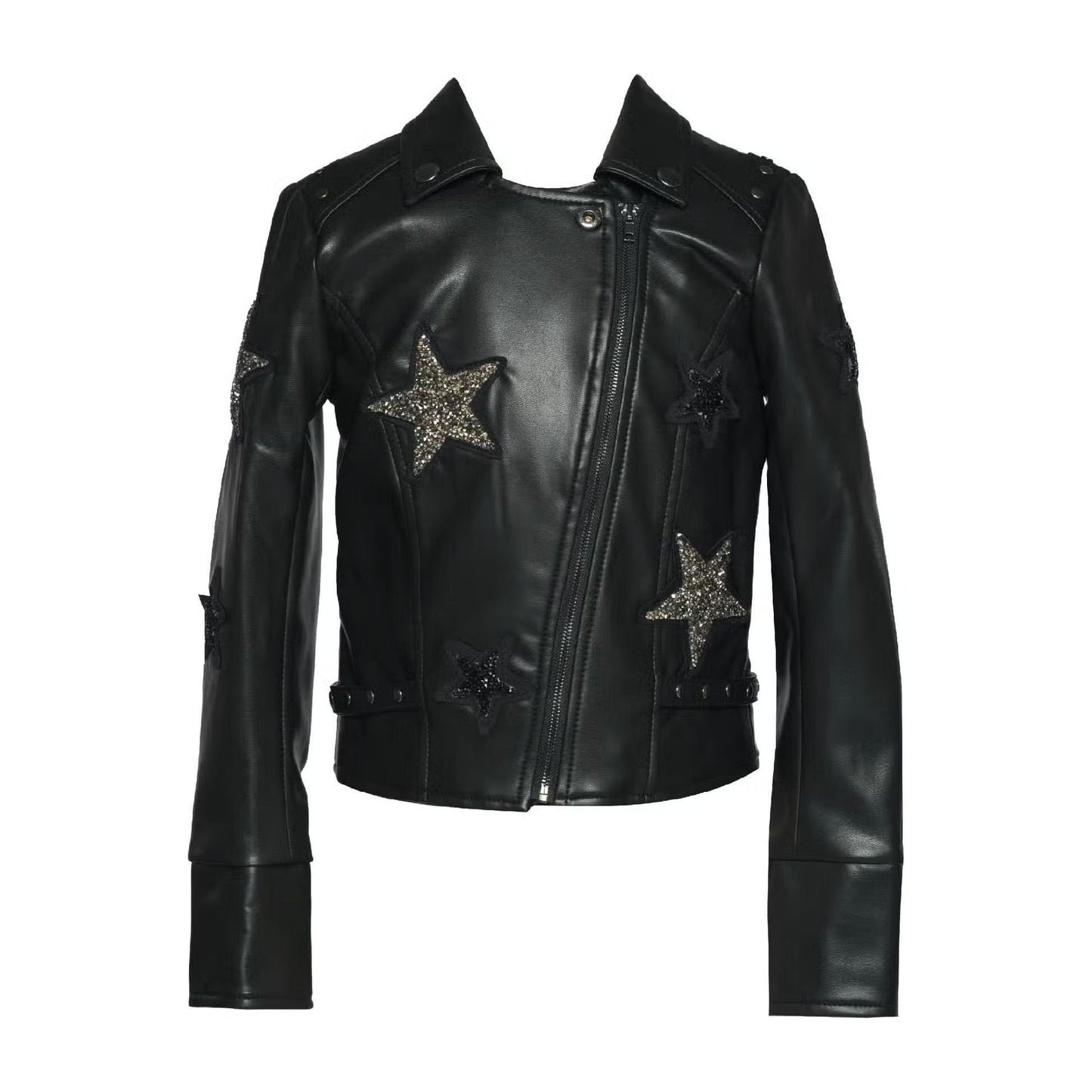 SARA SARA Crystal Star Faux Leather Moto Jacket