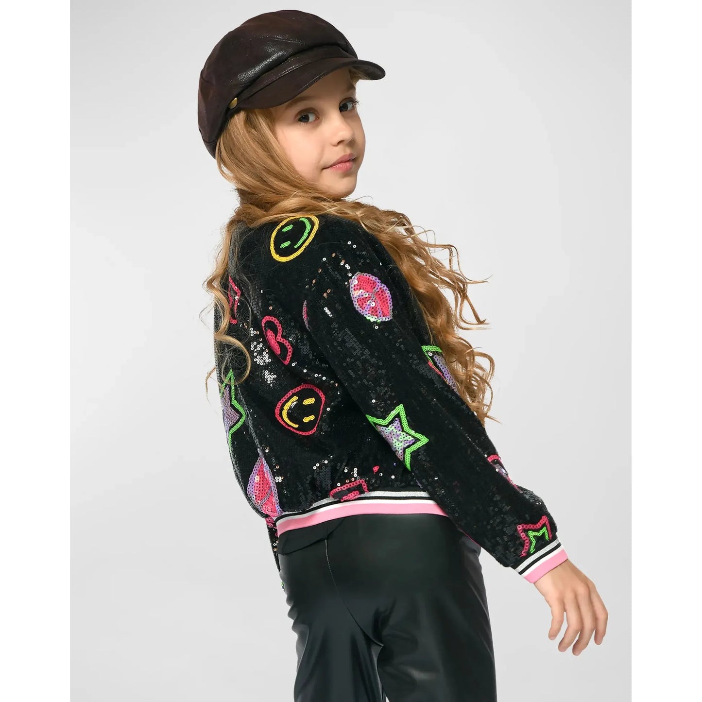 Hannah Banana Girl's Sequin Star & Happy Face-Print Bomber Jacket