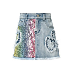 White Smoke BABY SARA Sequin & Denim Mini Skirt W/Heart Details