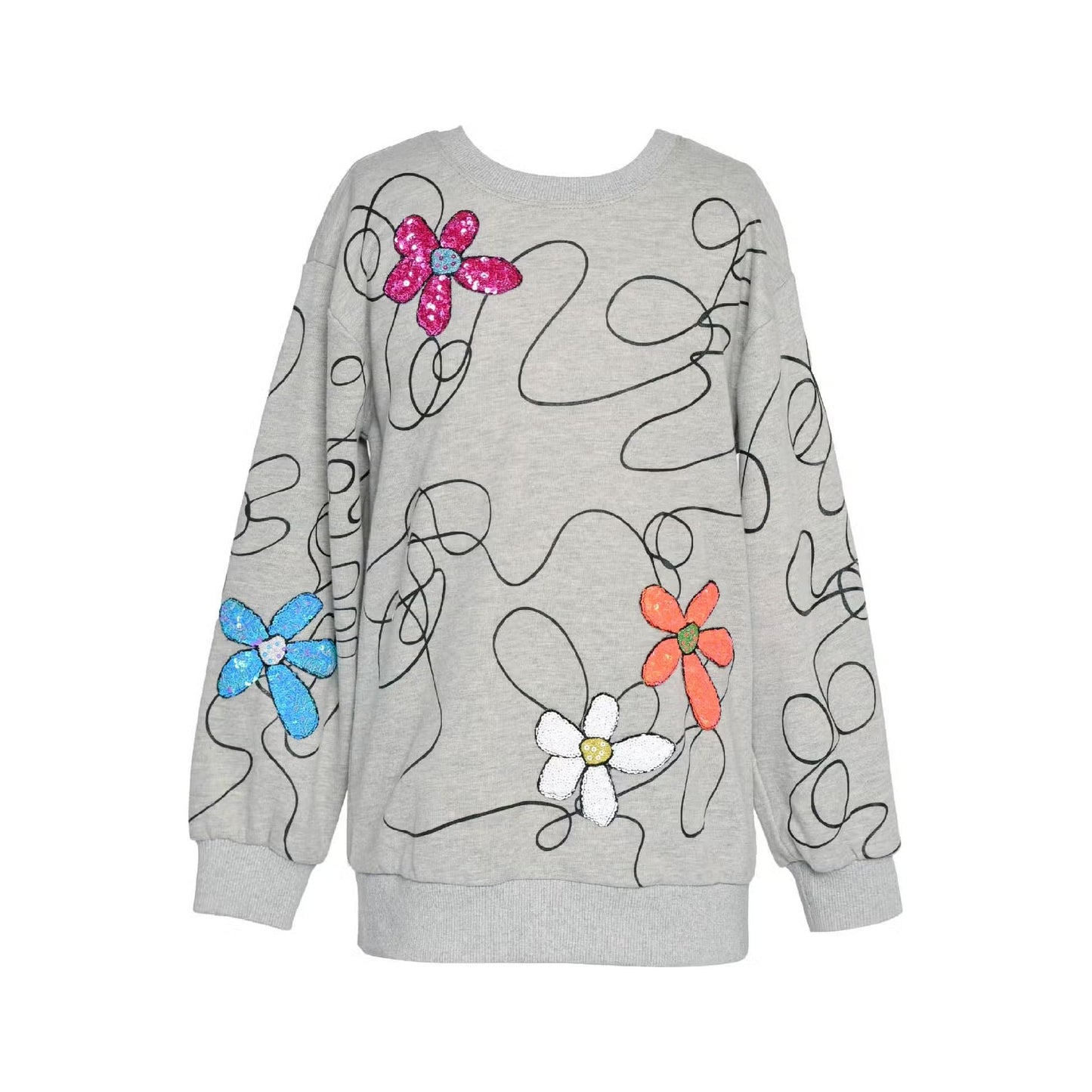 Sweatshirt Tunic with Scribble and Sequin Flowers
