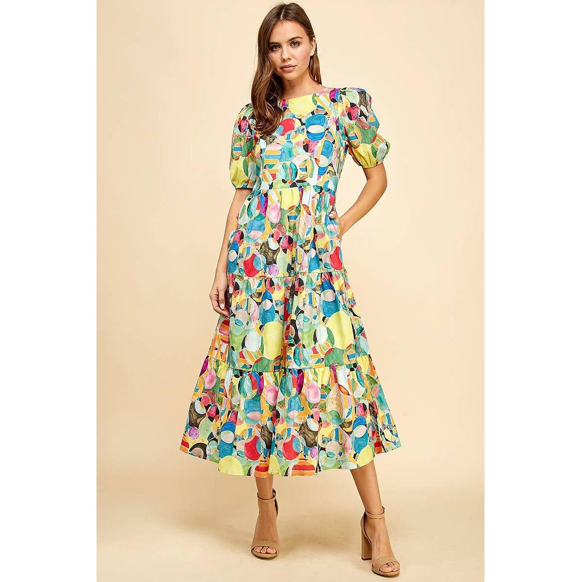 Frizzle Circle Pattern Tiered Maxi Dress