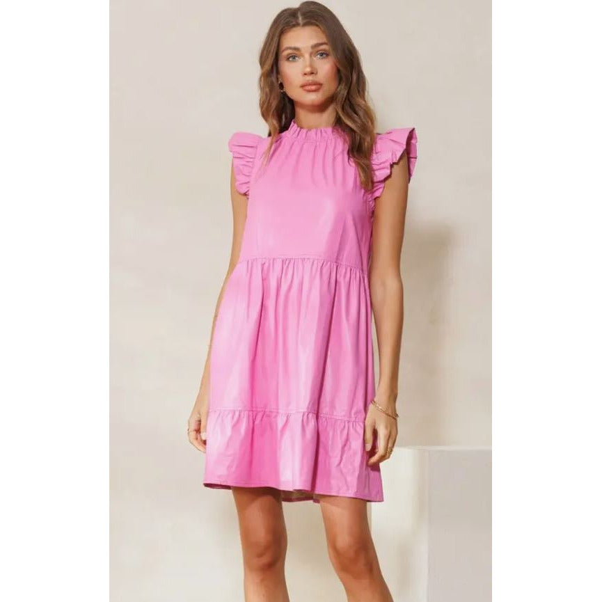 Nina Flutter Faux Leather Mini Dress Pink