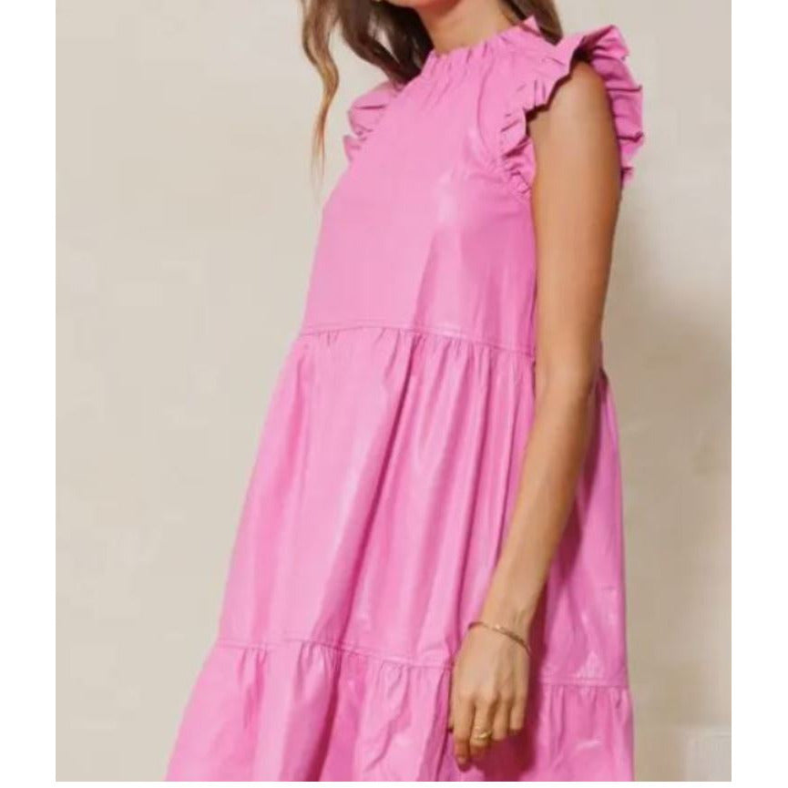 Nina Flutter Faux Leather Mini Dress Pink